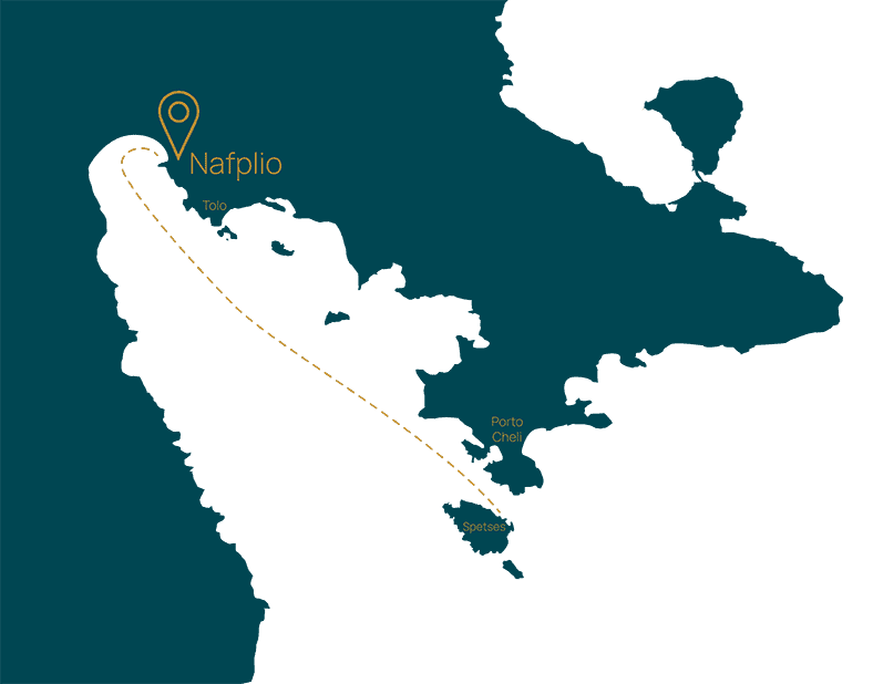 Map highlighting Nafplio coastline and cruise route points including Porto Cheli and Spetses
