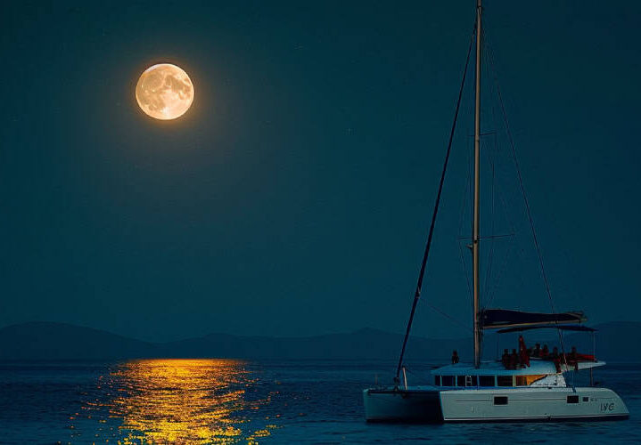 Catamaran anchored under a large golden full moon with moonlight reflecting on calm sea – Nafplio4Sail Full Moon Cruise
